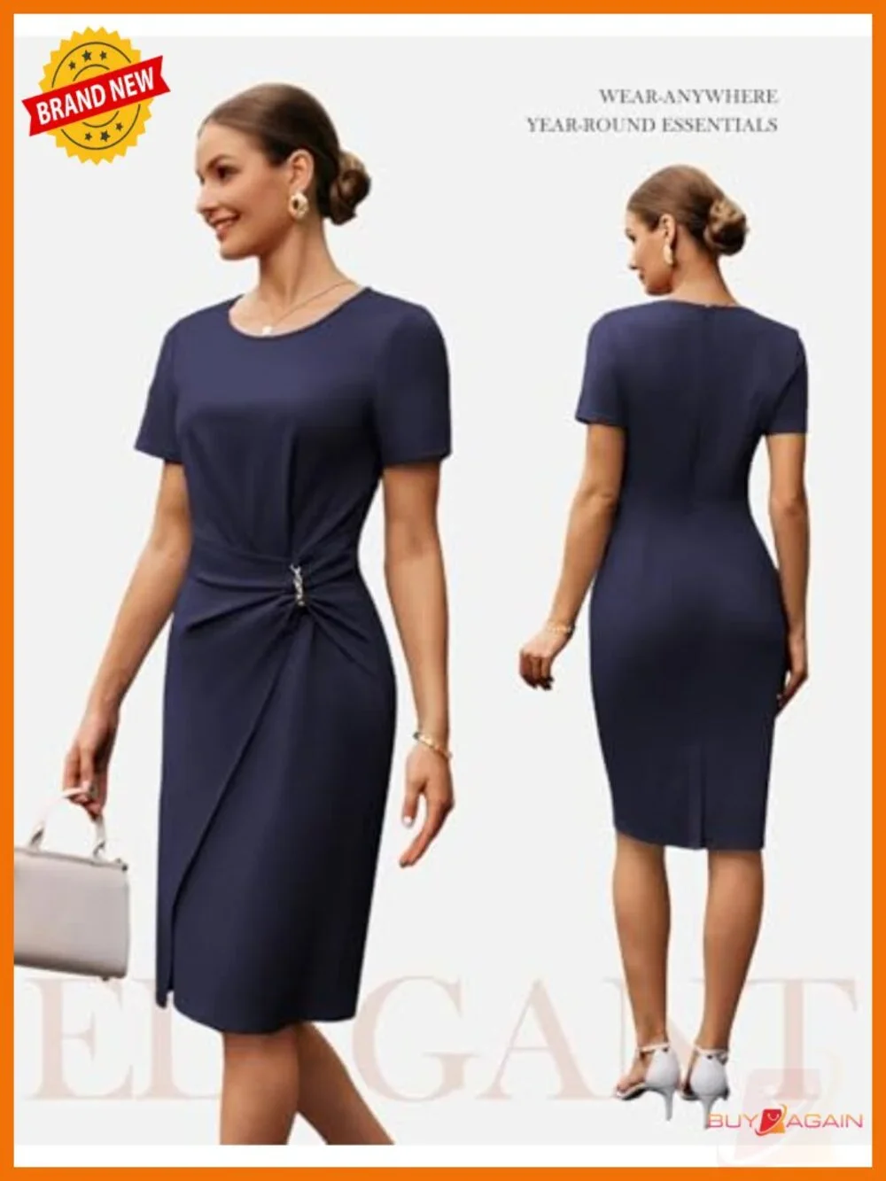 Short Sleeve Sheath Business Midi Dress Wrap Bodycon Office Cocktail